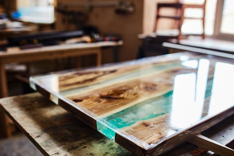 Creative table top with blue glass